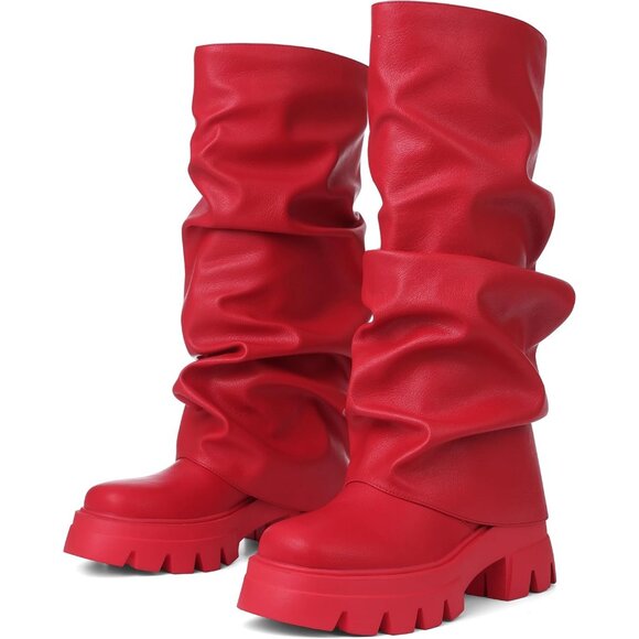 Women's Red Leather Glitter Metallic Wide Calf Pleated Fold Over Mid Calf Boots - Picture 2 of 7